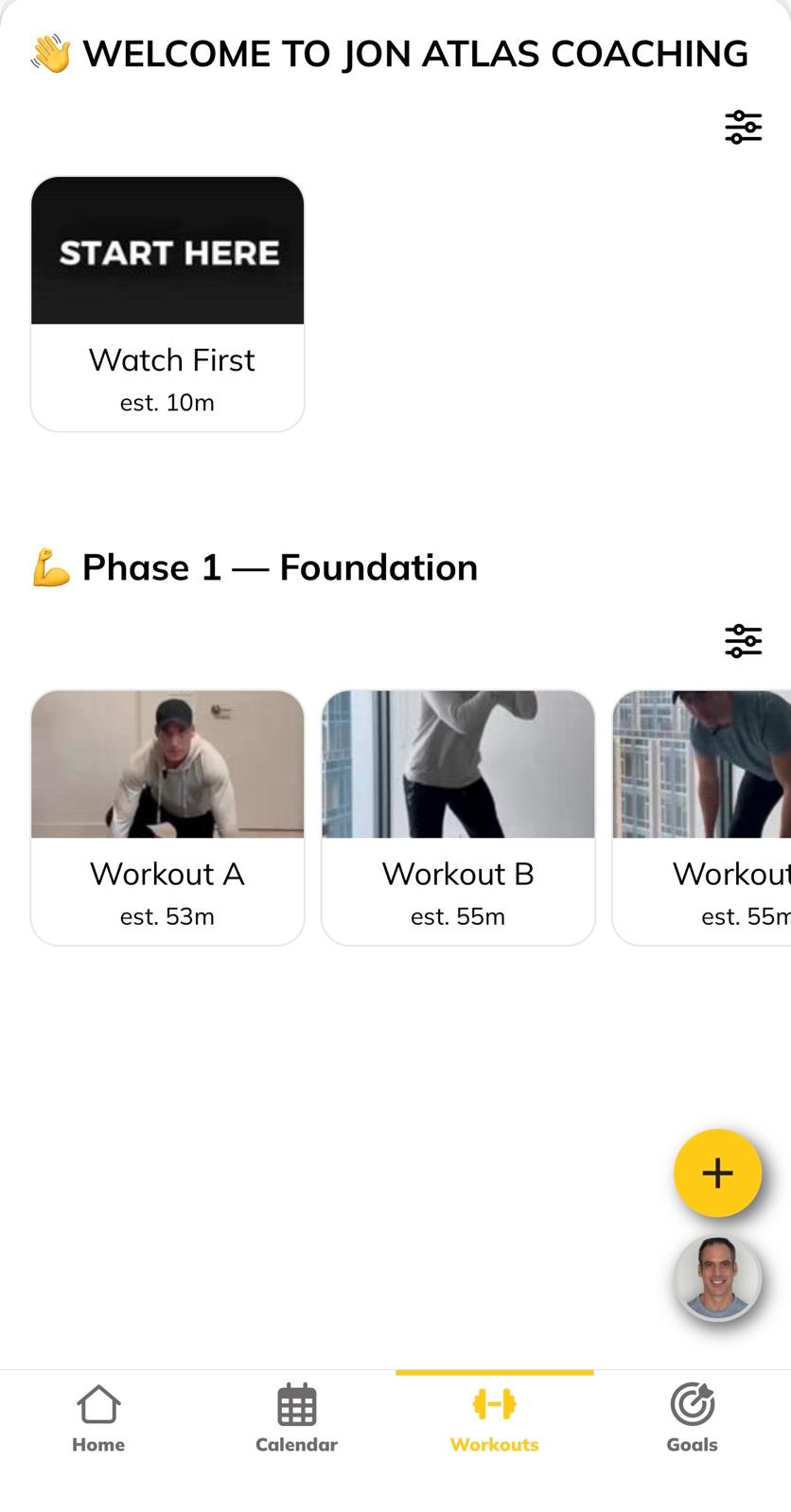 Workouts and progress tracking inside the Jon Atlas coaching app